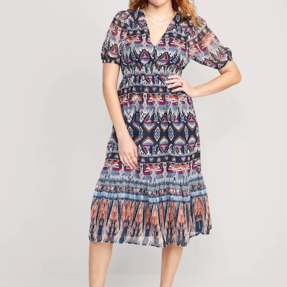 NWT Old Navy Waist Defined V-Neck Midi Dress, Multicolor Pattern, Size XXL